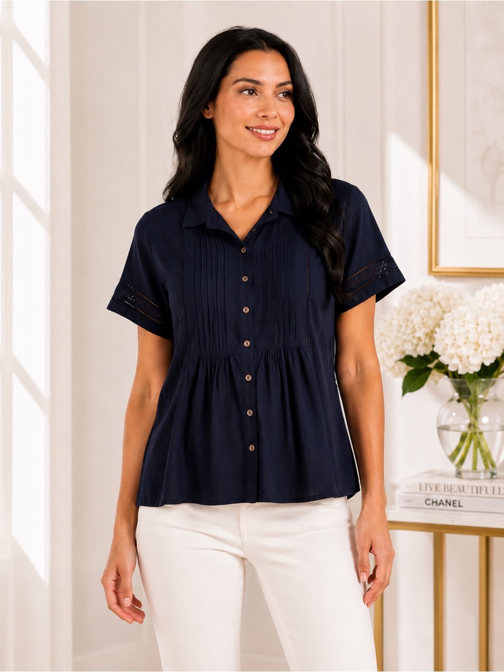 Style & Co Navy Blue Lace Trim Button Front Blouse XS NWT Boho Chic Feminine Top